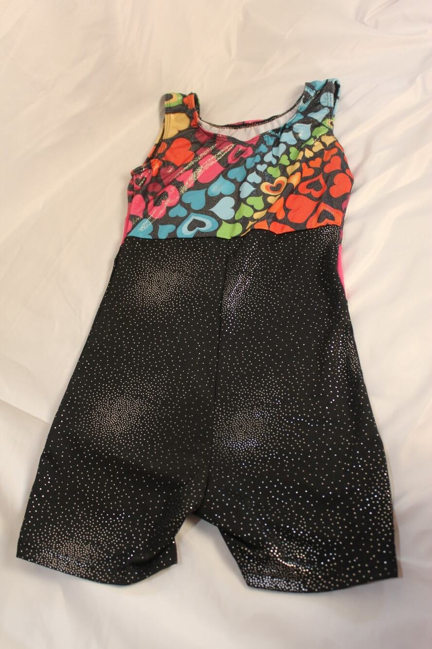 Kids Girls Gymnastics Leotard Unitard Bikershorts Rainbow Hearts Black Sparkle 7